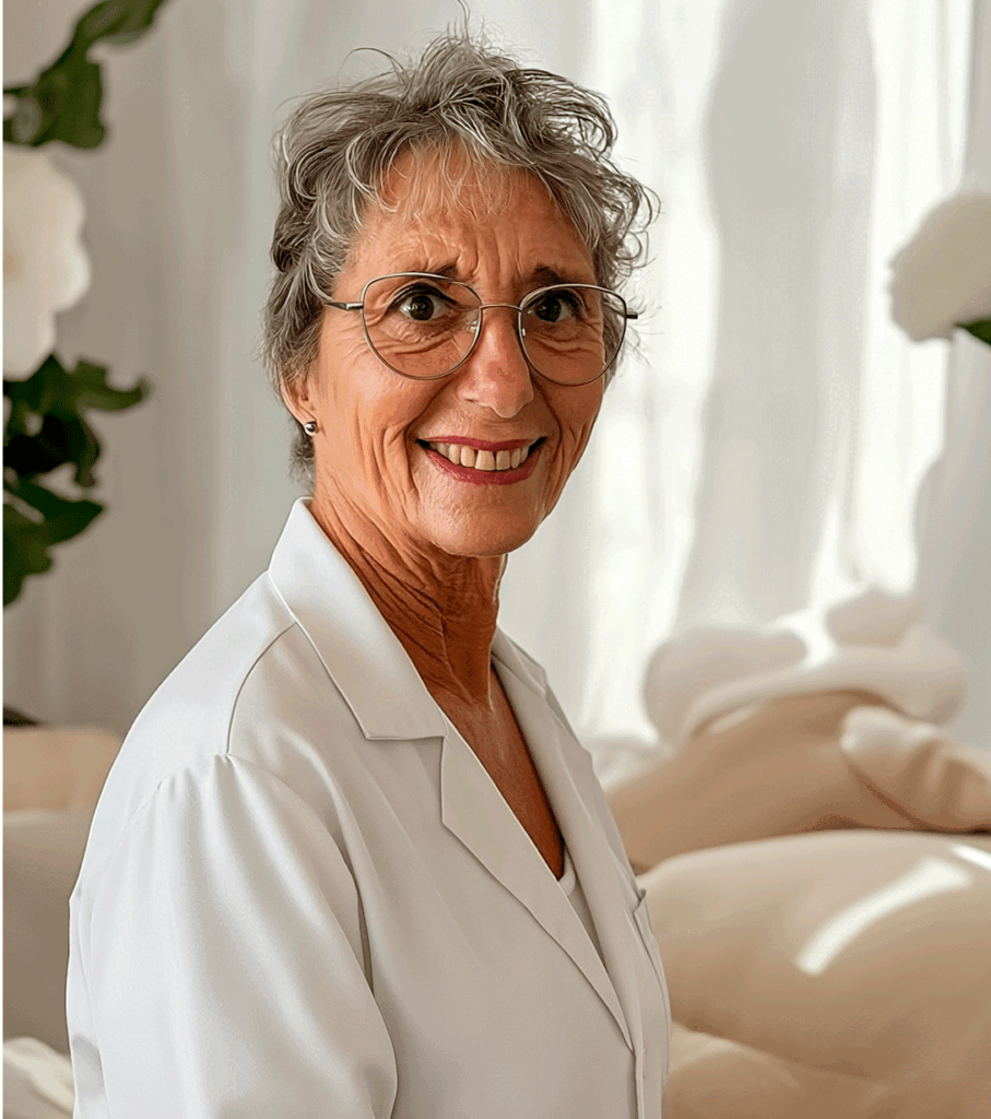 Elderly person in a white coat.
