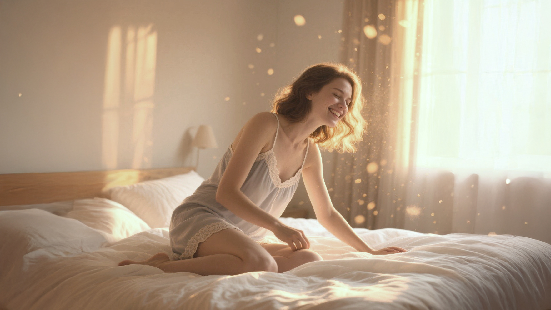 Woman sitting on a sunlit bed.