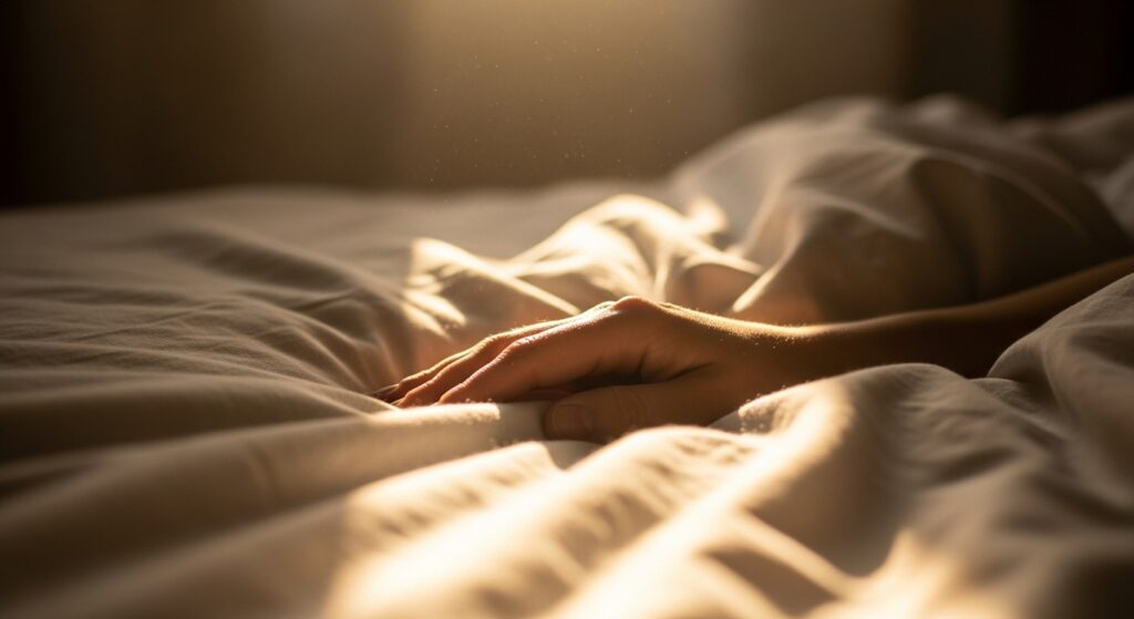 Hand resting on soft bed sheets