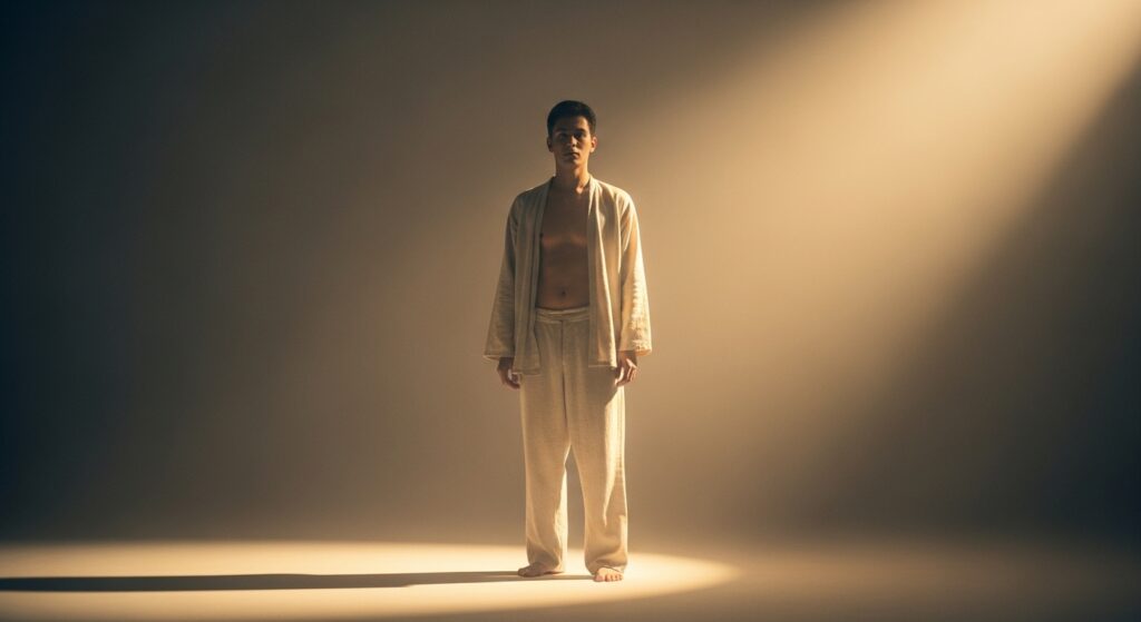 Person standing in dramatic lighting.